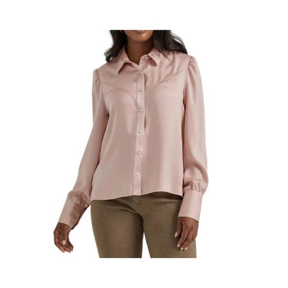 Wrangler Retro Women's XL Long Sleeve Satin Rodeo Snap Blouse Shirt Pink